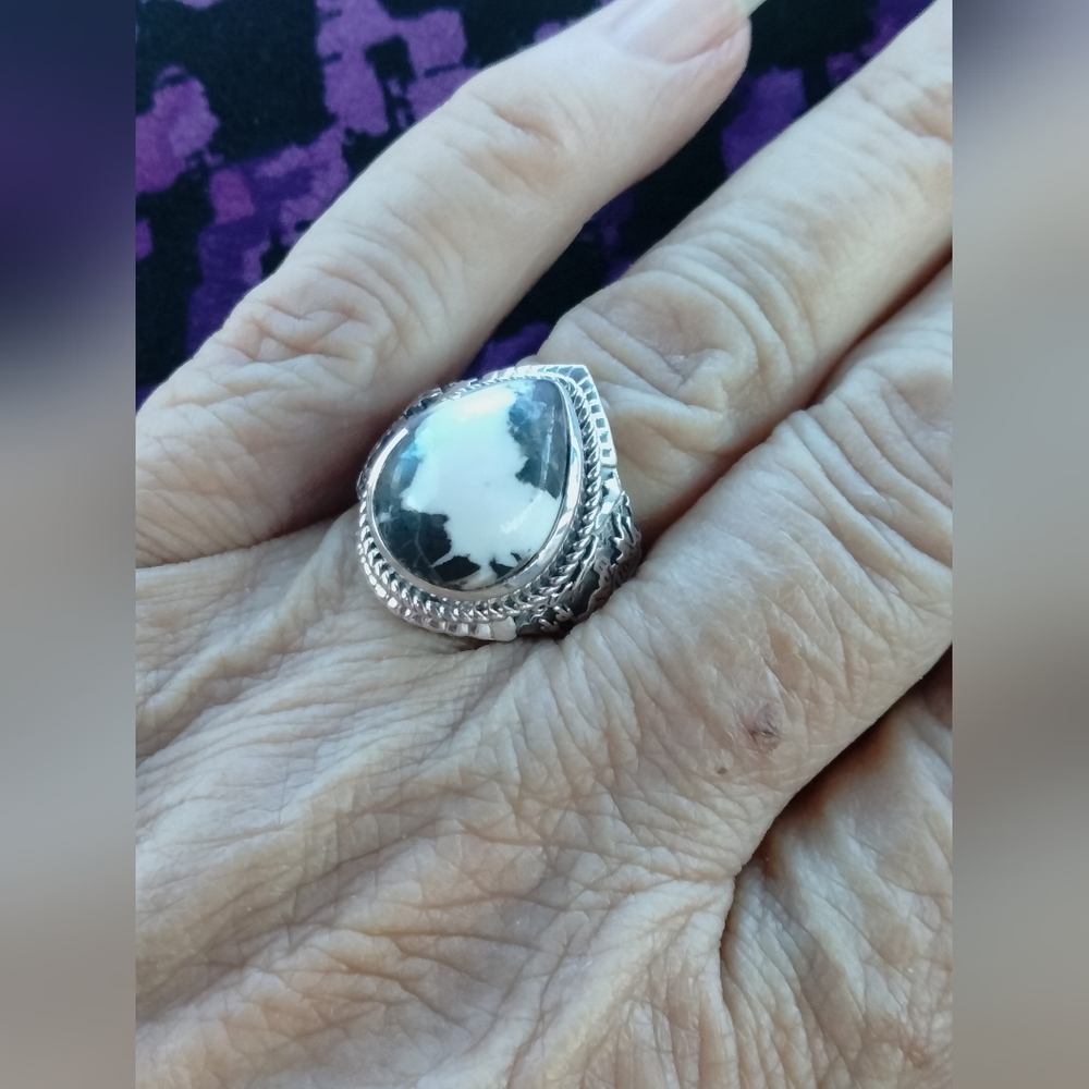 White Buffalo Gemstone Bezel Set In Black Oxidized Sterling Silver